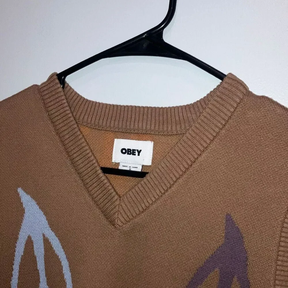Obey Peace Sweater Vest 100% Cotton V-neck Brown knit pull over Small #500